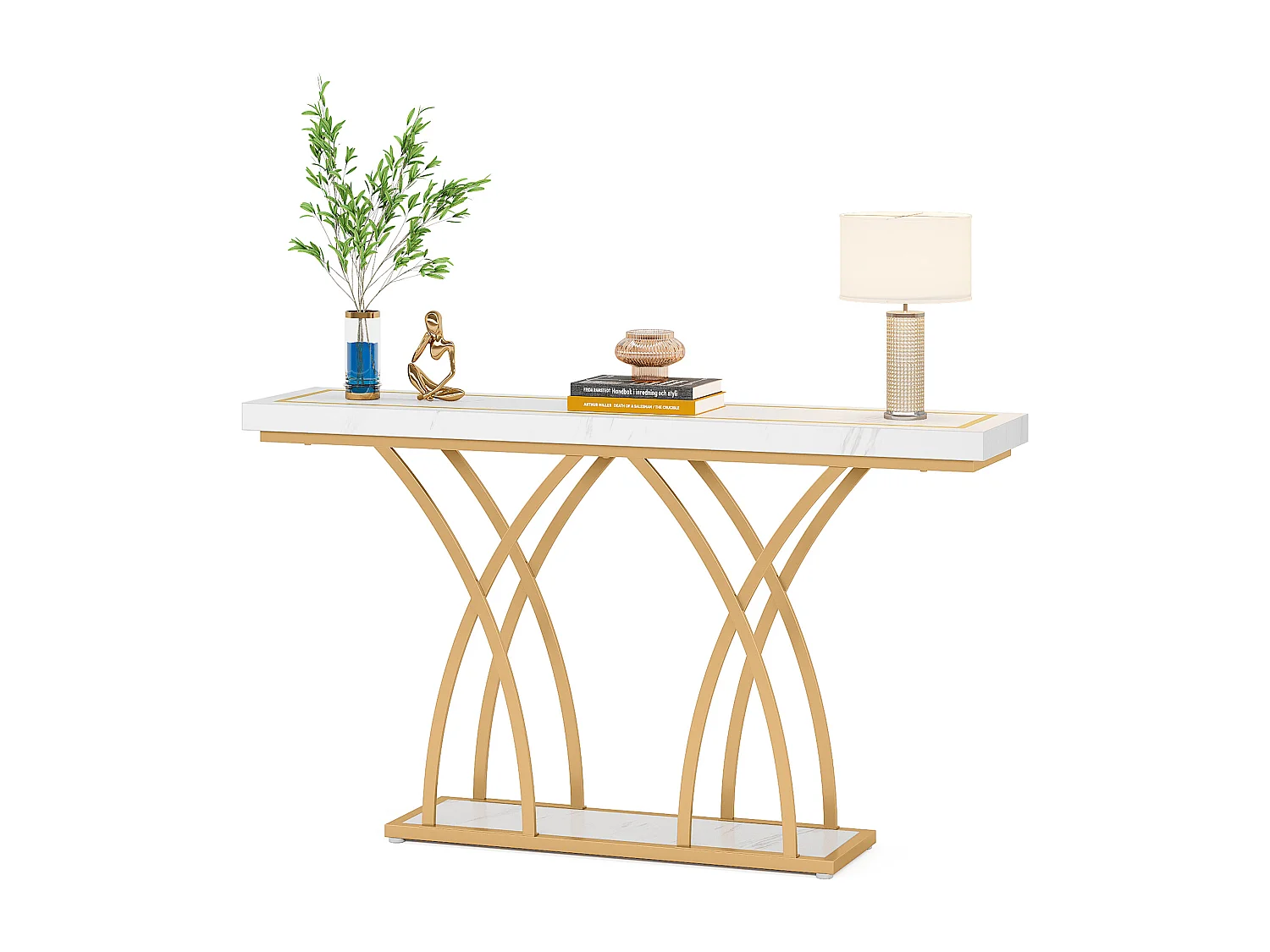 Table console dorée de 140 cm, table d'entrée moderne en faux marbre derrière le canapé, table de couloir étroite longue, blanc et doré