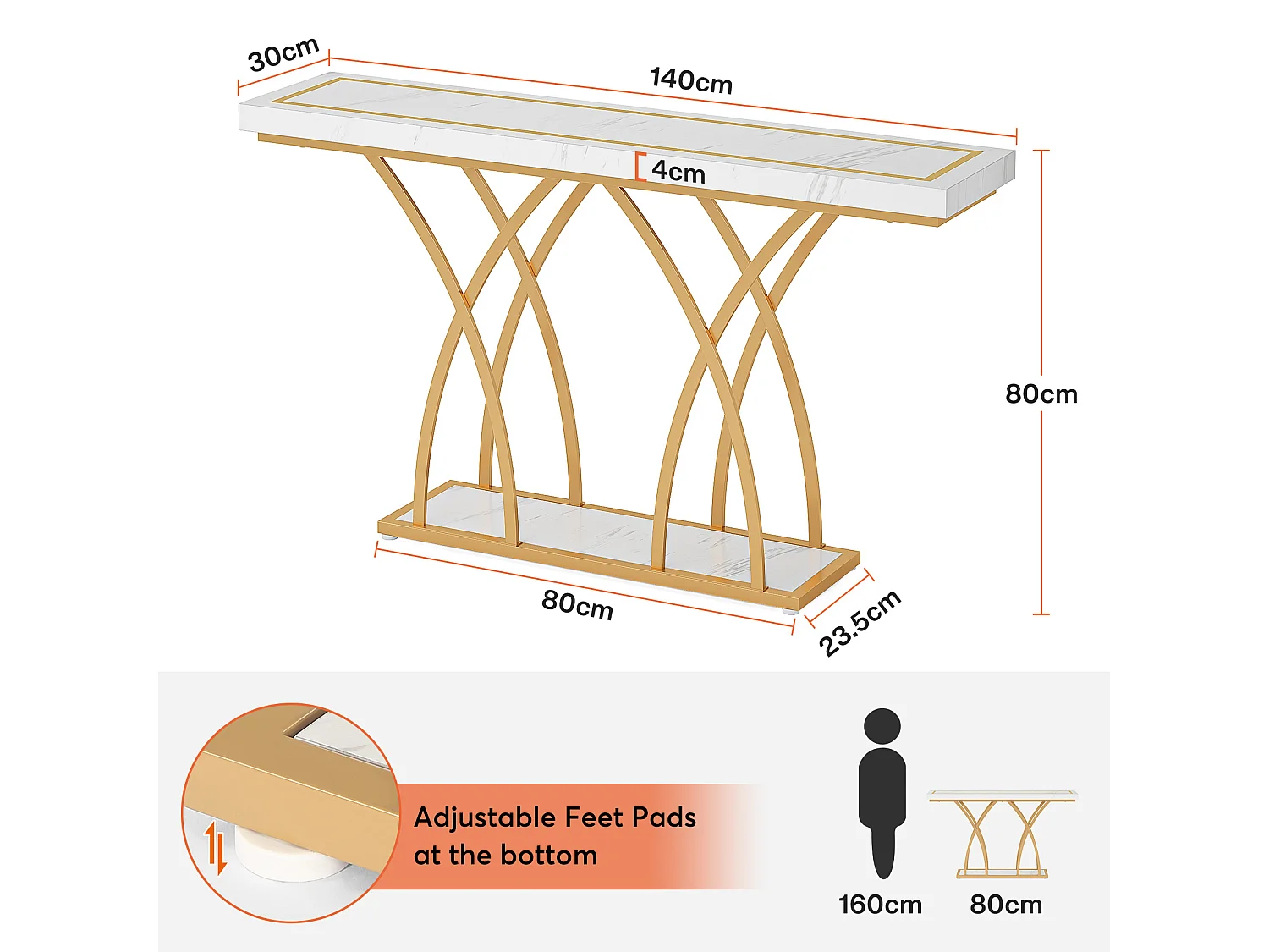Table console dorée de 140 cm, table d'entrée moderne en faux marbre derrière le canapé, table de couloir étroite longue, blanc et doré