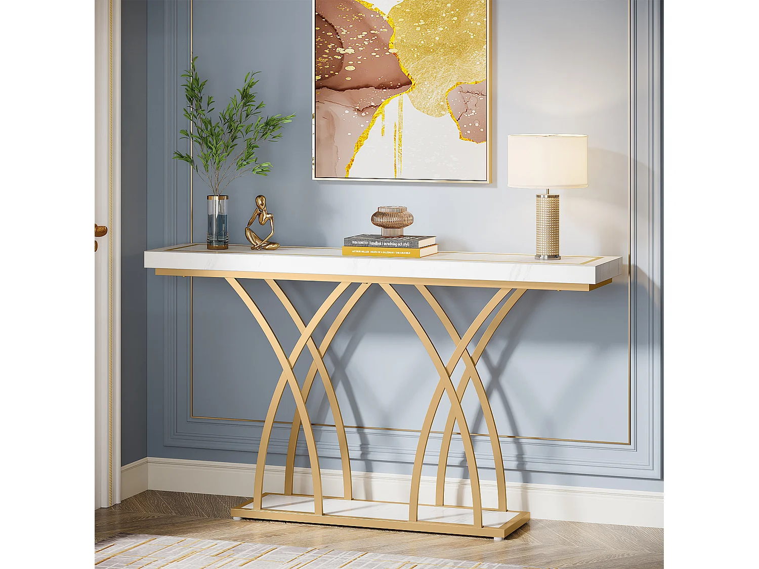 Table console dorée de 140 cm, table d'entrée moderne en faux marbre derrière le canapé, table de couloir étroite longue, blanc et doré