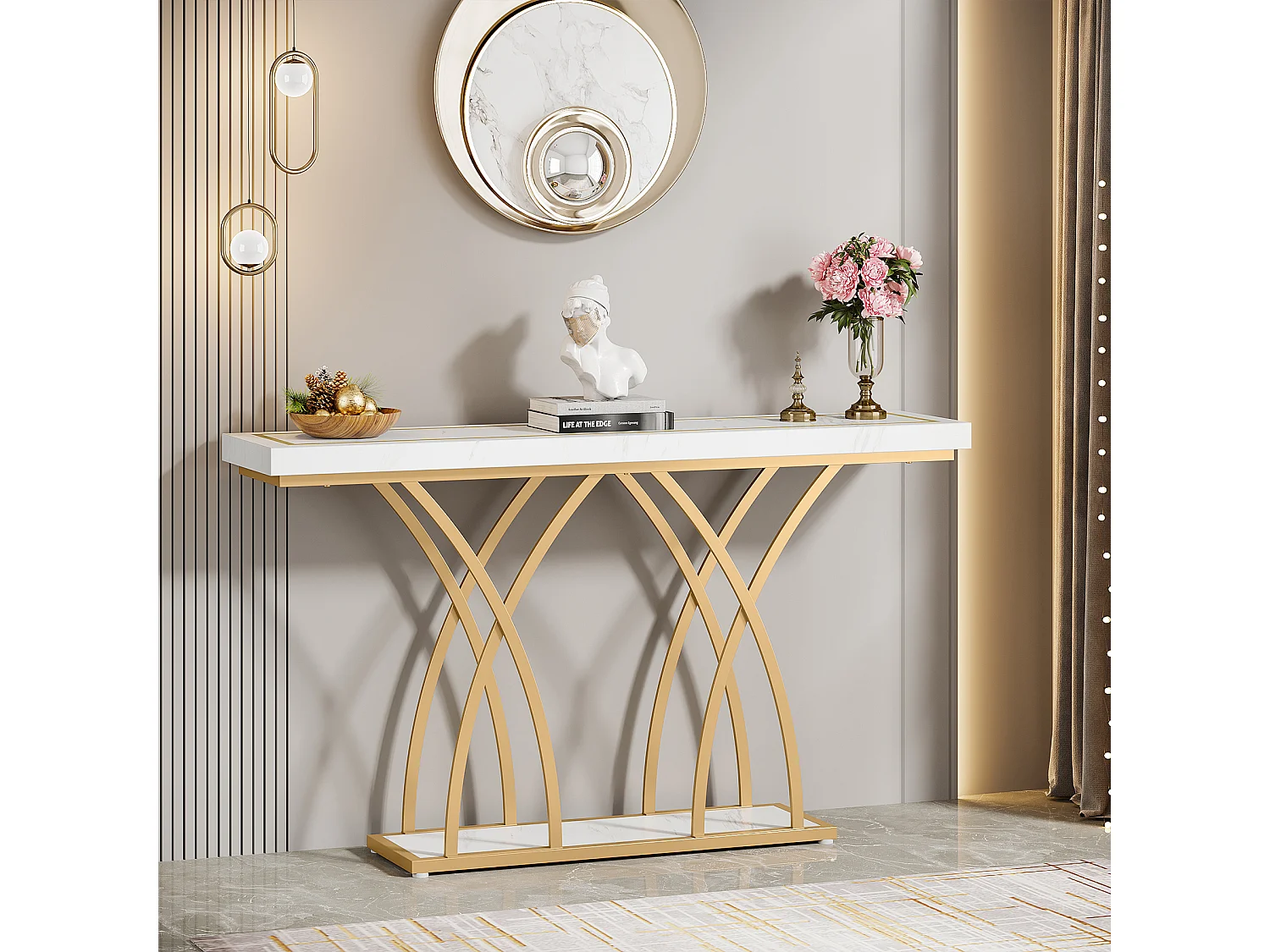 Table console dorée de 140 cm, table d'entrée moderne en faux marbre derrière le canapé, table de couloir étroite longue, blanc et doré