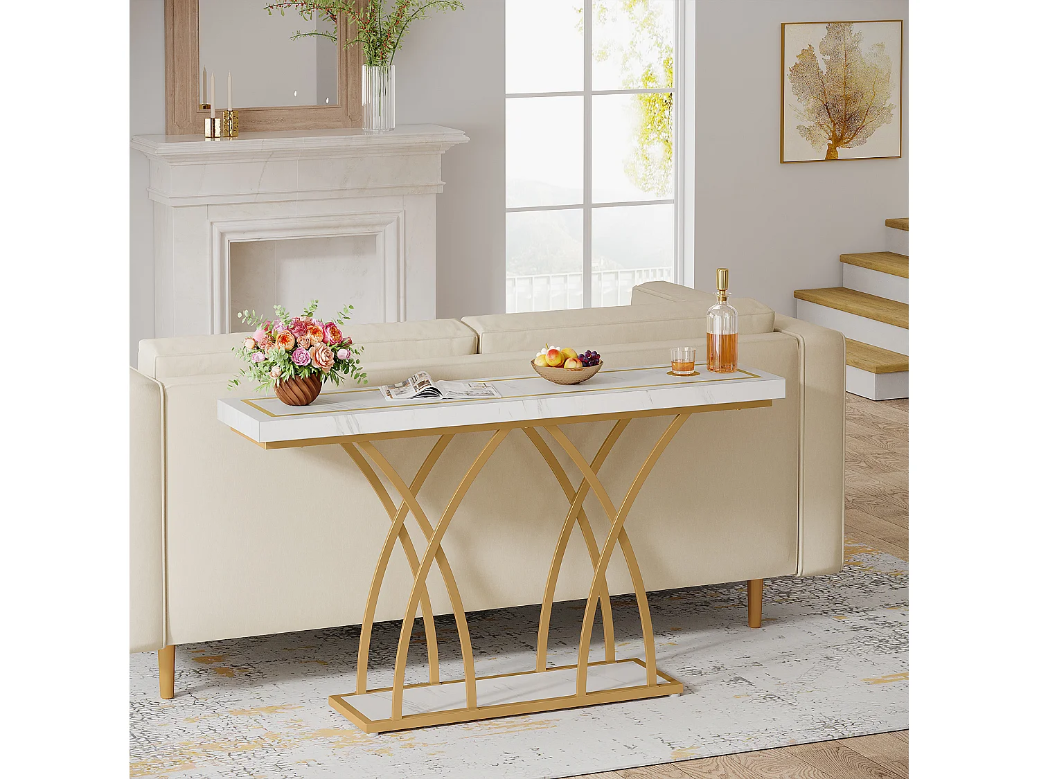 Table console dorée de 140 cm, table d'entrée moderne en faux marbre derrière le canapé, table de couloir étroite longue, blanc et doré