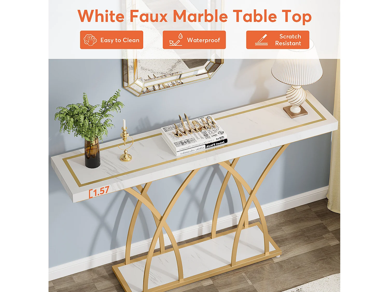 Table console dorée de 140 cm, table d'entrée moderne en faux marbre derrière le canapé, table de couloir étroite longue, blanc et doré