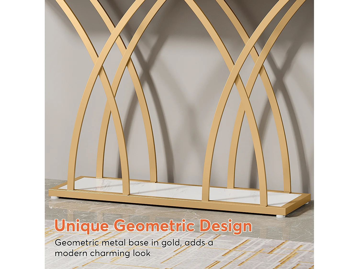 Table console dorée de 140 cm, table d'entrée moderne en faux marbre derrière le canapé, table de couloir étroite longue, blanc et doré