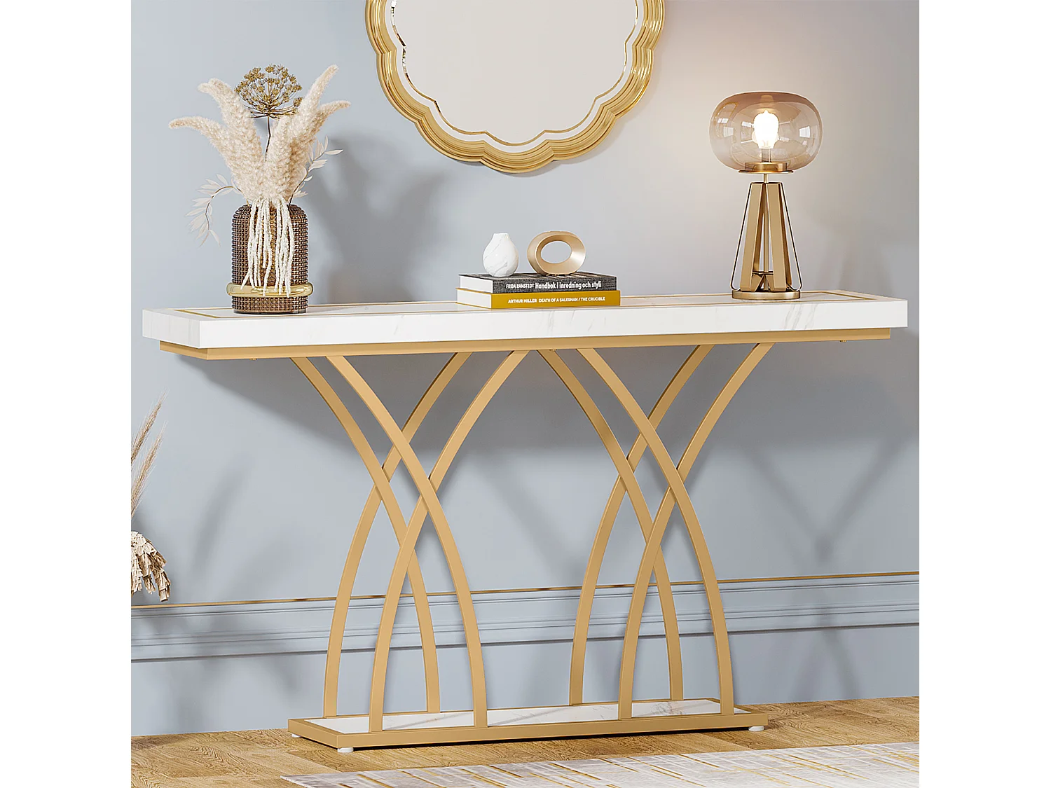 Table console dorée de 140 cm, table d'entrée moderne en faux marbre derrière le canapé, table de couloir étroite longue, blanc et doré