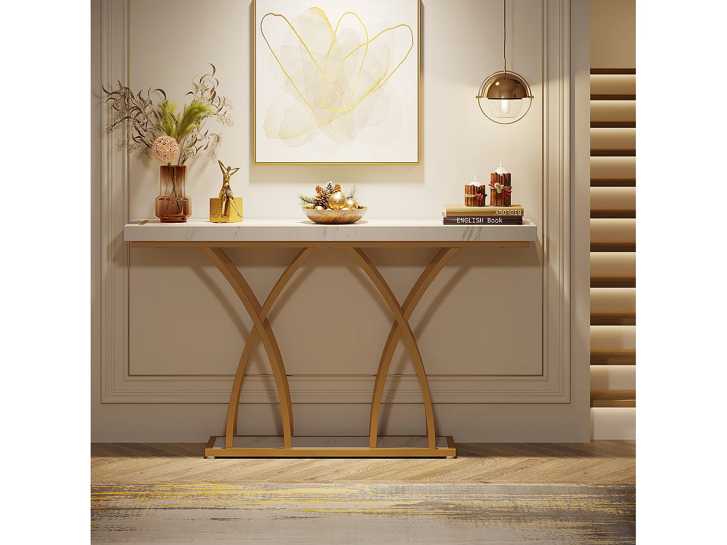 Table console dorée de 140 cm, table d'entrée moderne en faux marbre derrière le canapé, table de couloir étroite longue, blanc et doré