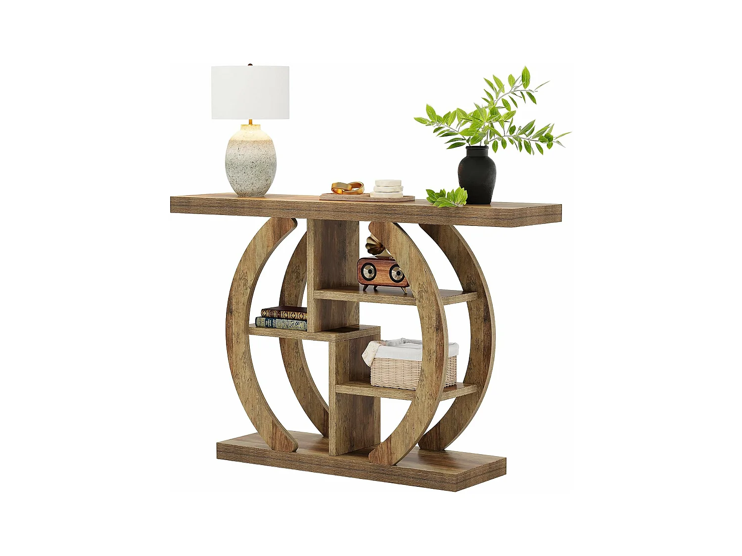 Table console à 4 niveaux, 108 cm, avec base circulaire, en bois avec étagères de rangement, pour salon, couloir, foyer, chêne clair marron