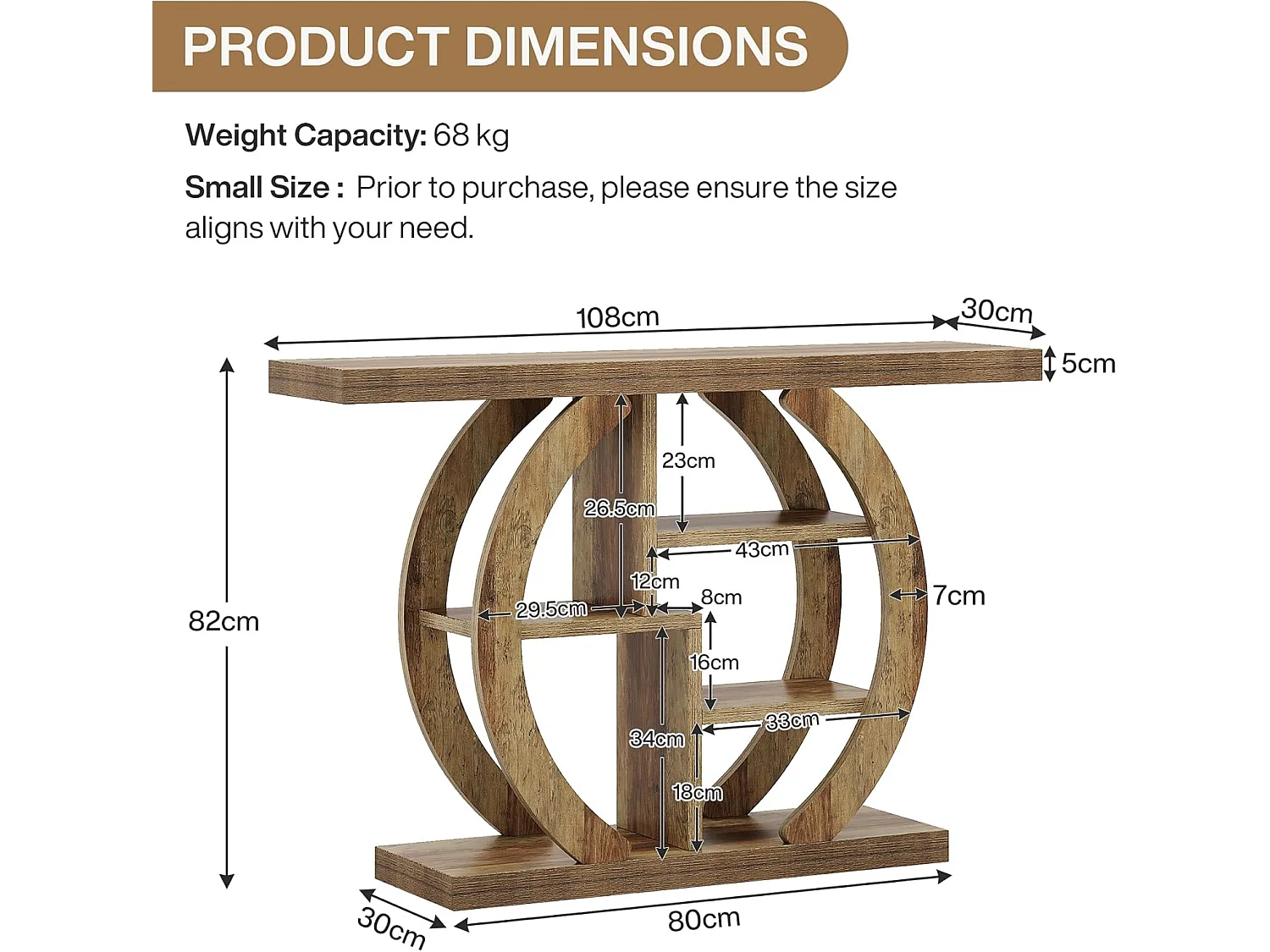 Consoletafel met 4 lagen, 108 cm, met ronde voet, van hout met opbergplanken, voor woonkamer, hal, hal, licht eikenbruin