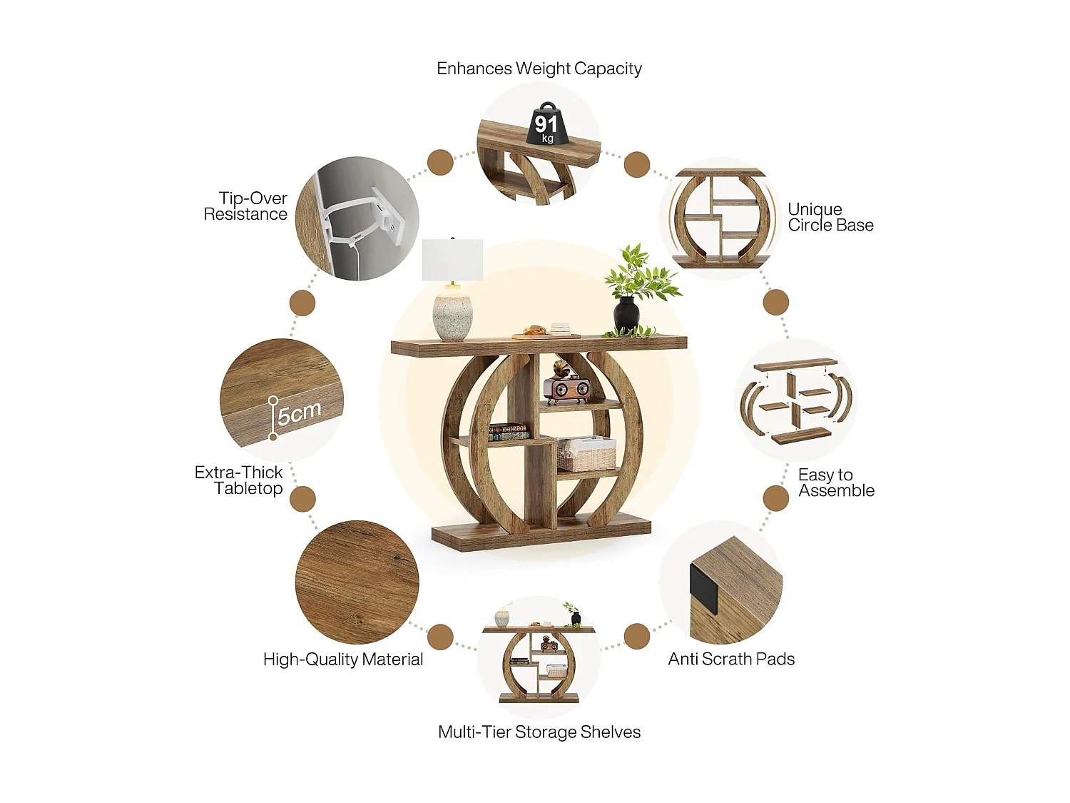 Consoletafel met 4 lagen, 108 cm, met ronde voet, van hout met opbergplanken, voor woonkamer, hal, hal, licht eikenbruin