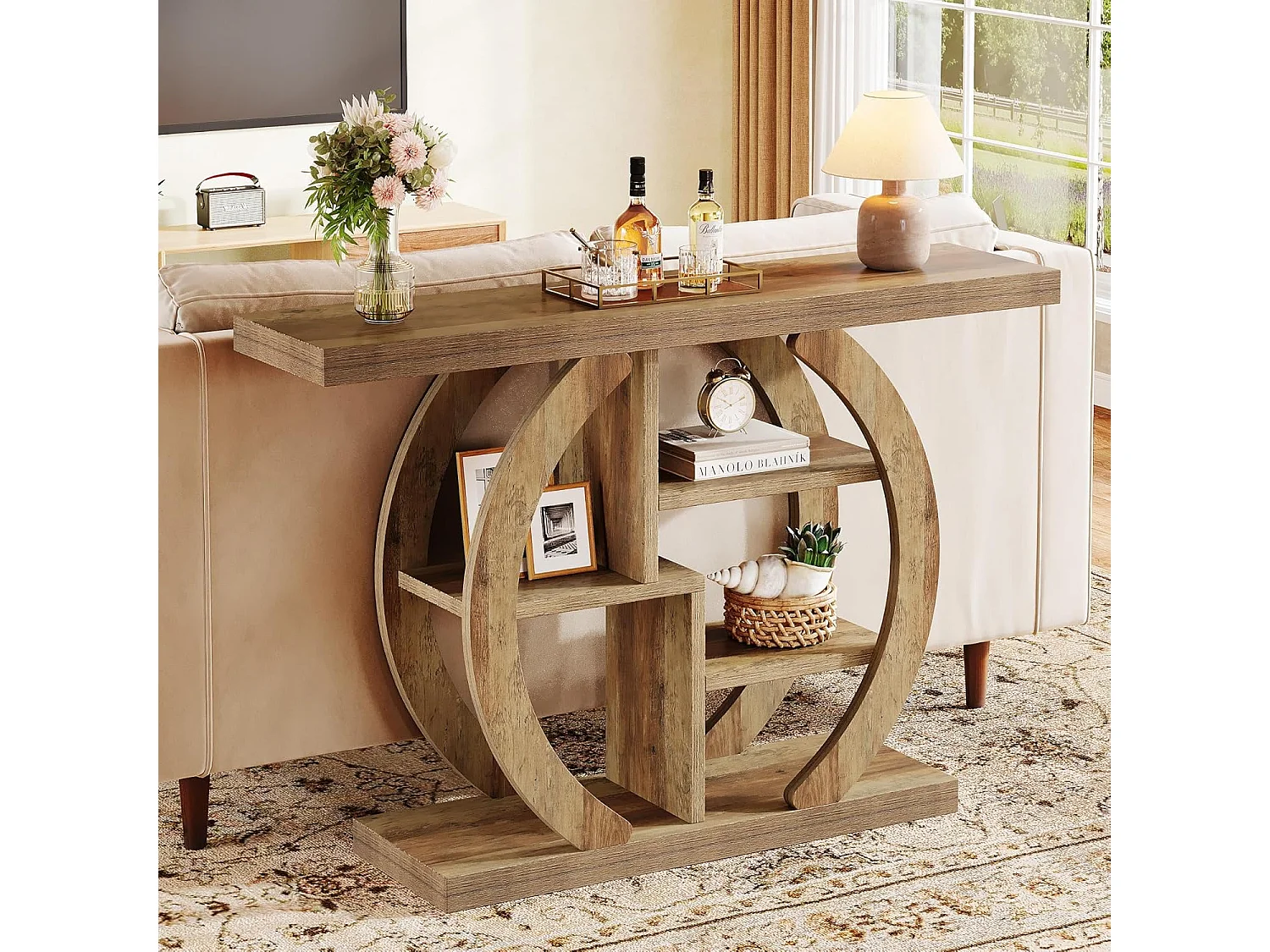 Consoletafel met 4 lagen, 108 cm, met ronde voet, van hout met opbergplanken, voor woonkamer, hal, hal, licht eikenbruin