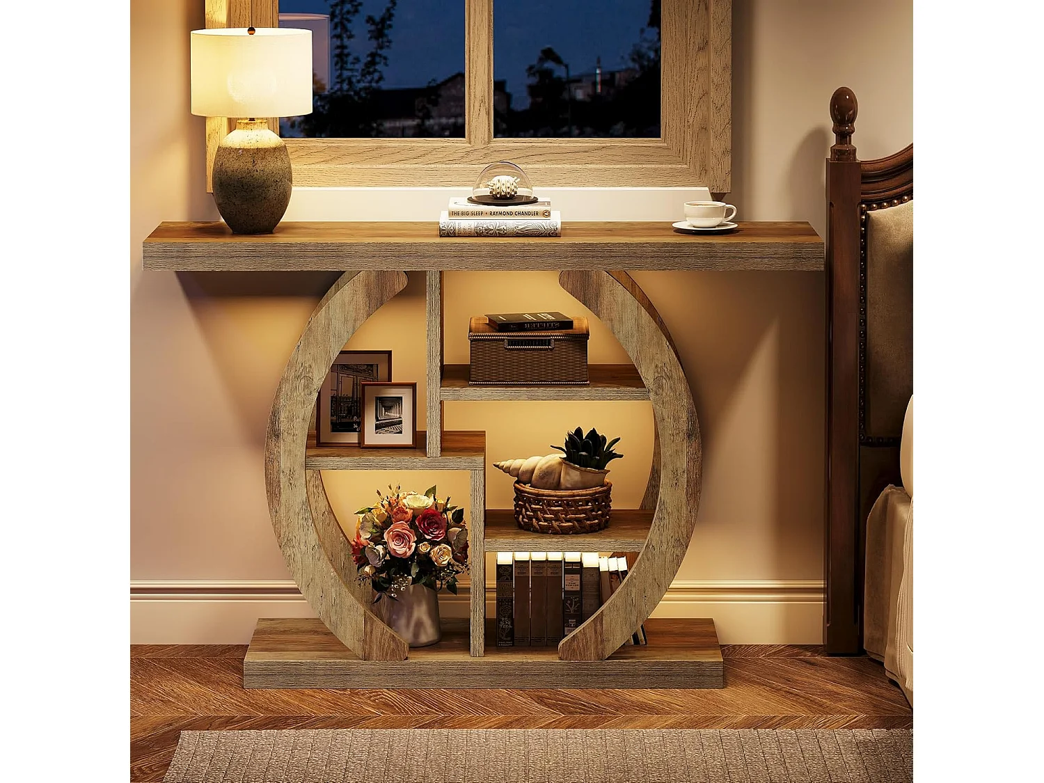 Consoletafel met 4 lagen, 108 cm, met ronde voet, van hout met opbergplanken, voor woonkamer, hal, hal, licht eikenbruin