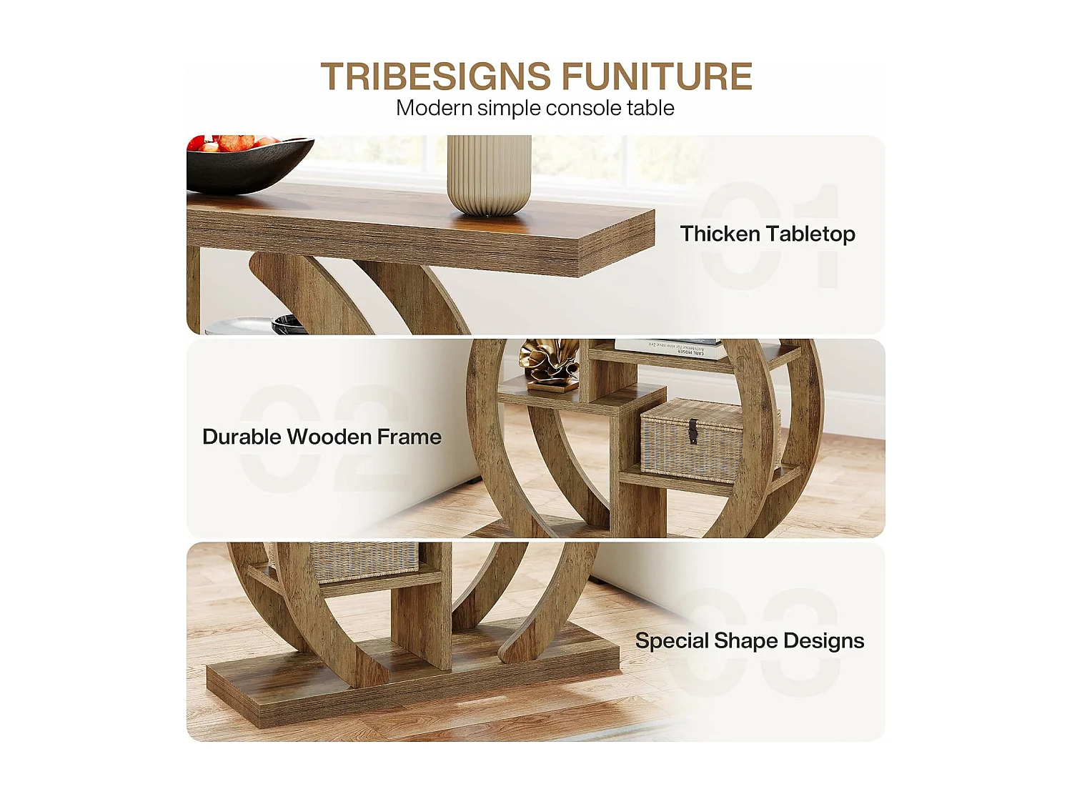 Consoletafel met 4 lagen, 108 cm, met ronde voet, van hout met opbergplanken, voor woonkamer, hal, hal, licht eikenbruin