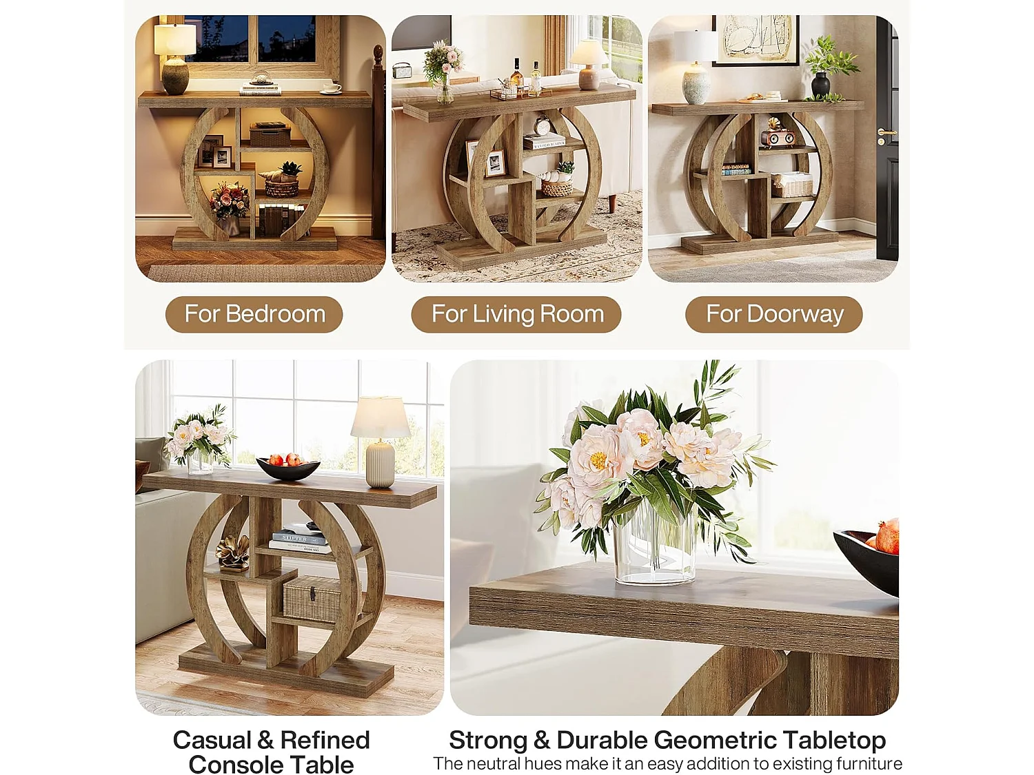 Consoletafel met 4 lagen, 108 cm, met ronde voet, van hout met opbergplanken, voor woonkamer, hal, hal, licht eikenbruin