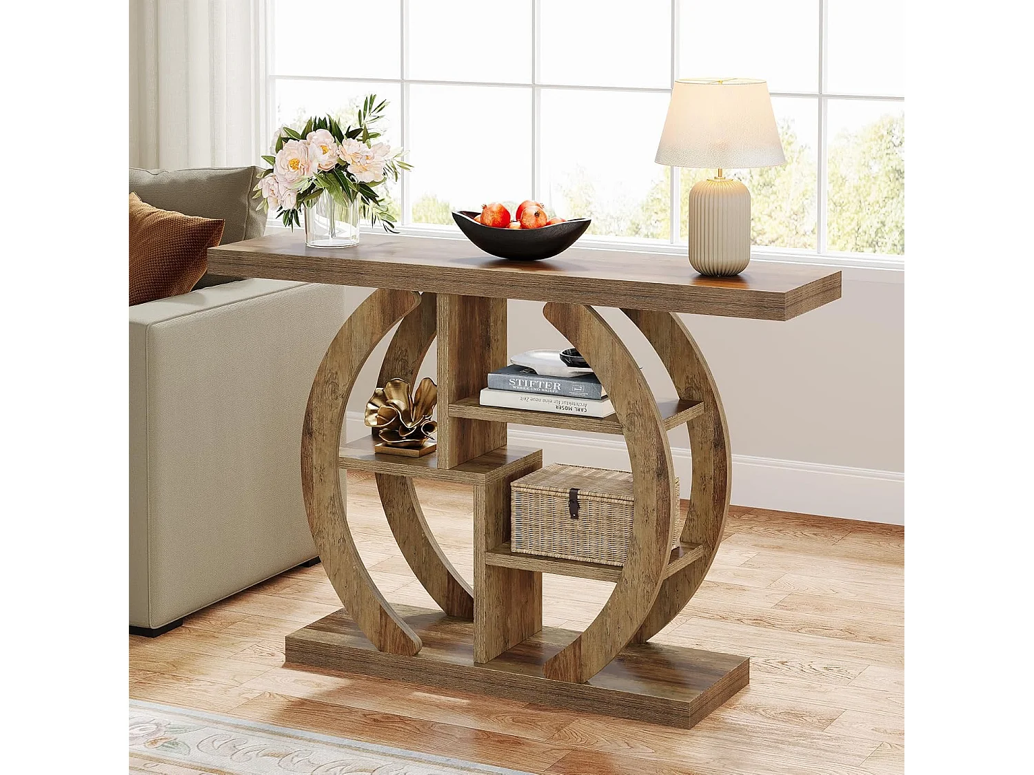 Consoletafel met 4 lagen, 108 cm, met ronde voet, van hout met opbergplanken, voor woonkamer, hal, hal, licht eikenbruin