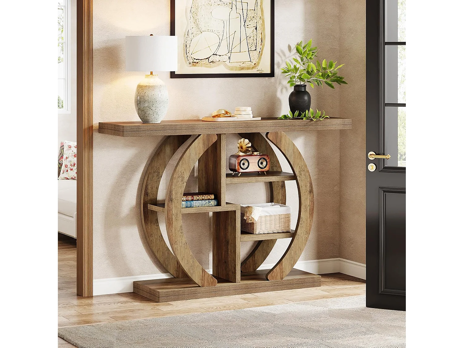 Consoletafel met 4 lagen, 108 cm, met ronde voet, van hout met opbergplanken, voor woonkamer, hal, hal, licht eikenbruin