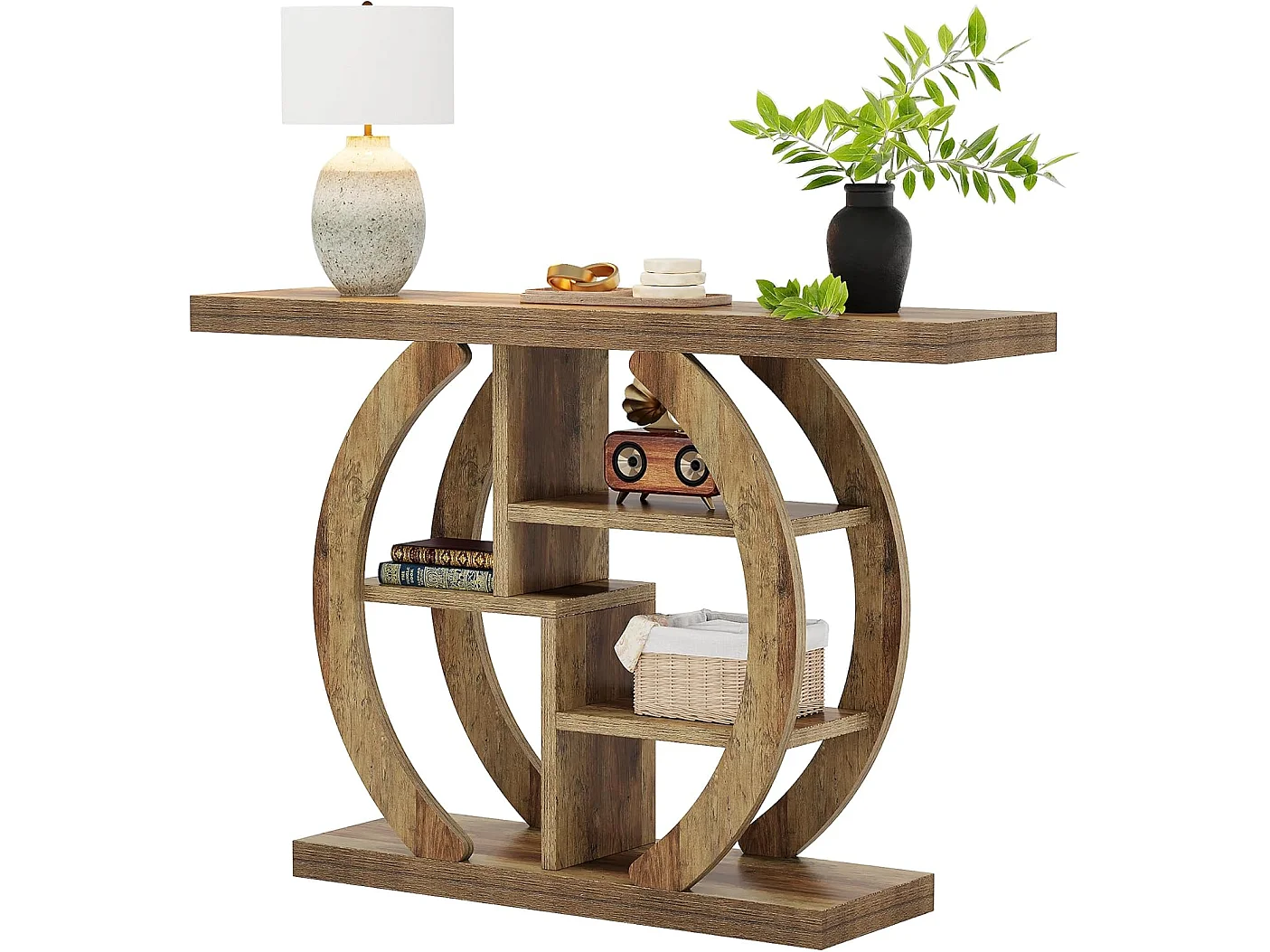 Table console à 4 niveaux, 108 cm, avec base circulaire, en bois avec étagères de rangement, pour salon, couloir, foyer, chêne clair marron
