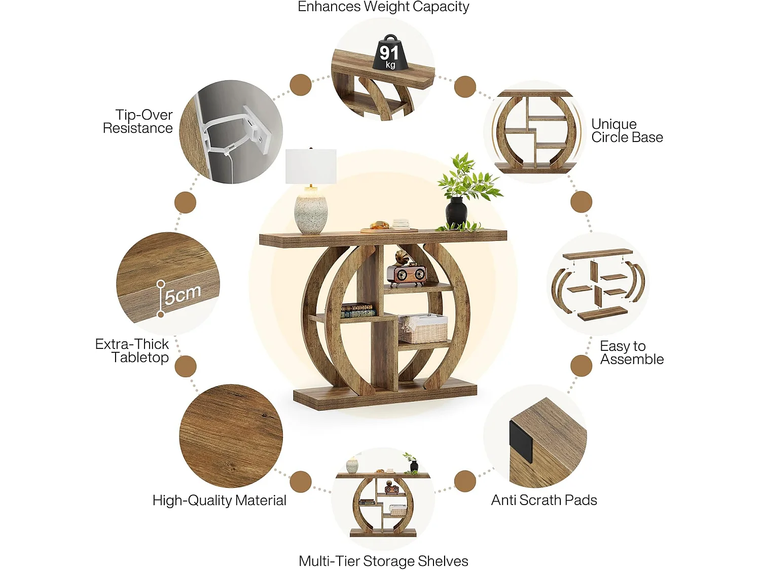 Table console à 4 niveaux, 108 cm, avec base circulaire, en bois avec étagères de rangement, pour salon, couloir, foyer, chêne clair marron