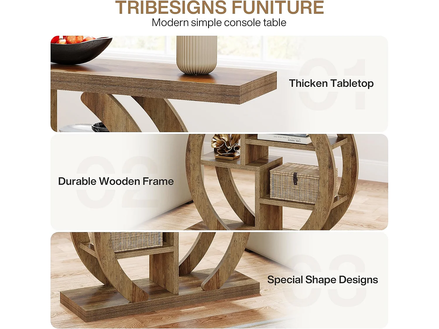 Table console à 4 niveaux, 108 cm, avec base circulaire, en bois avec étagères de rangement, pour salon, couloir, foyer, chêne clair marron