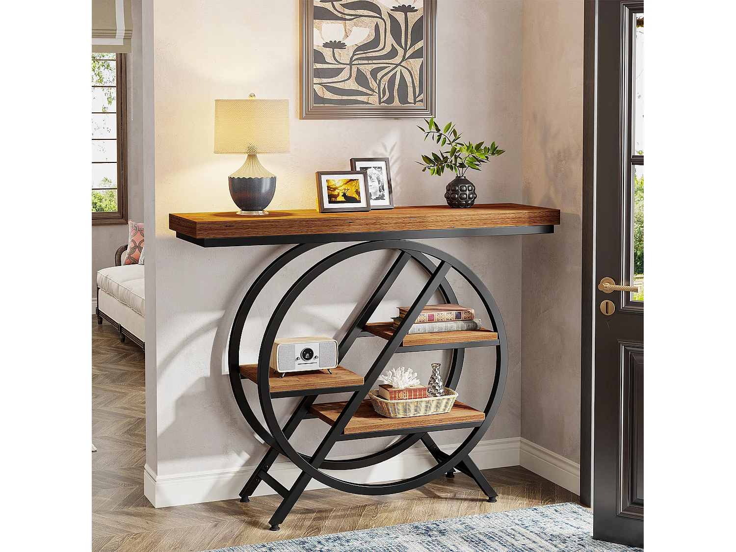 Table console de 100 cm avec plateau épais, table de canapé de couloir industrielle étroite à 4 niveaux avec cadre géométrique en métal, marron clair