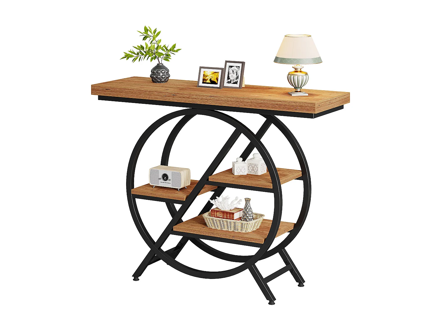 Table console de 100 cm avec plateau épais, table de canapé de couloir industrielle étroite à 4 niveaux avec cadre géométrique en métal, marron clair