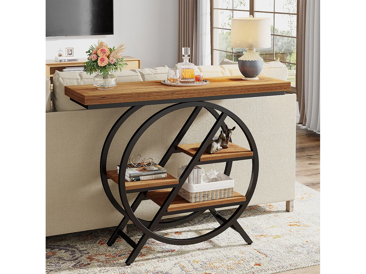 Table console de 100 cm avec plateau épais, table de canapé de couloir industrielle étroite à 4 niveaux avec cadre géométrique en métal, marron clair