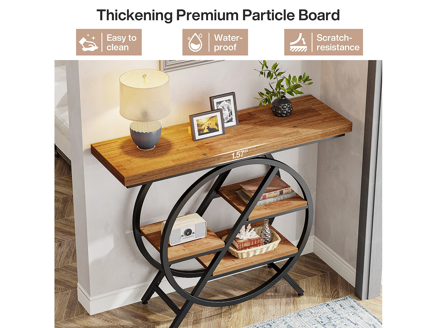 Table console de 100 cm avec plateau épais, table de canapé de couloir industrielle étroite à 4 niveaux avec cadre géométrique en métal, marron clair