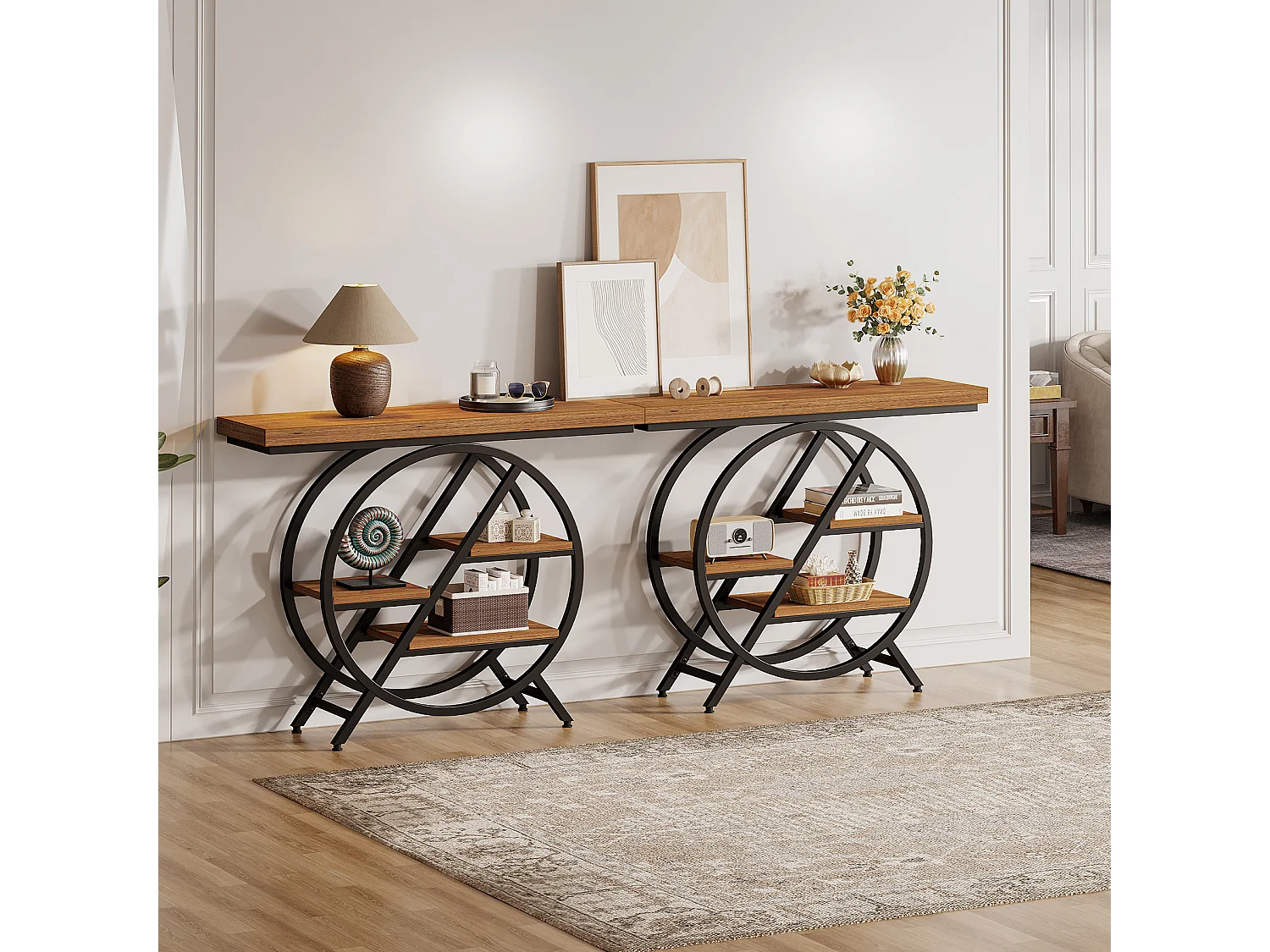 Table console de 100 cm avec plateau épais, table de canapé de couloir industrielle étroite à 4 niveaux avec cadre géométrique en métal, marron clair