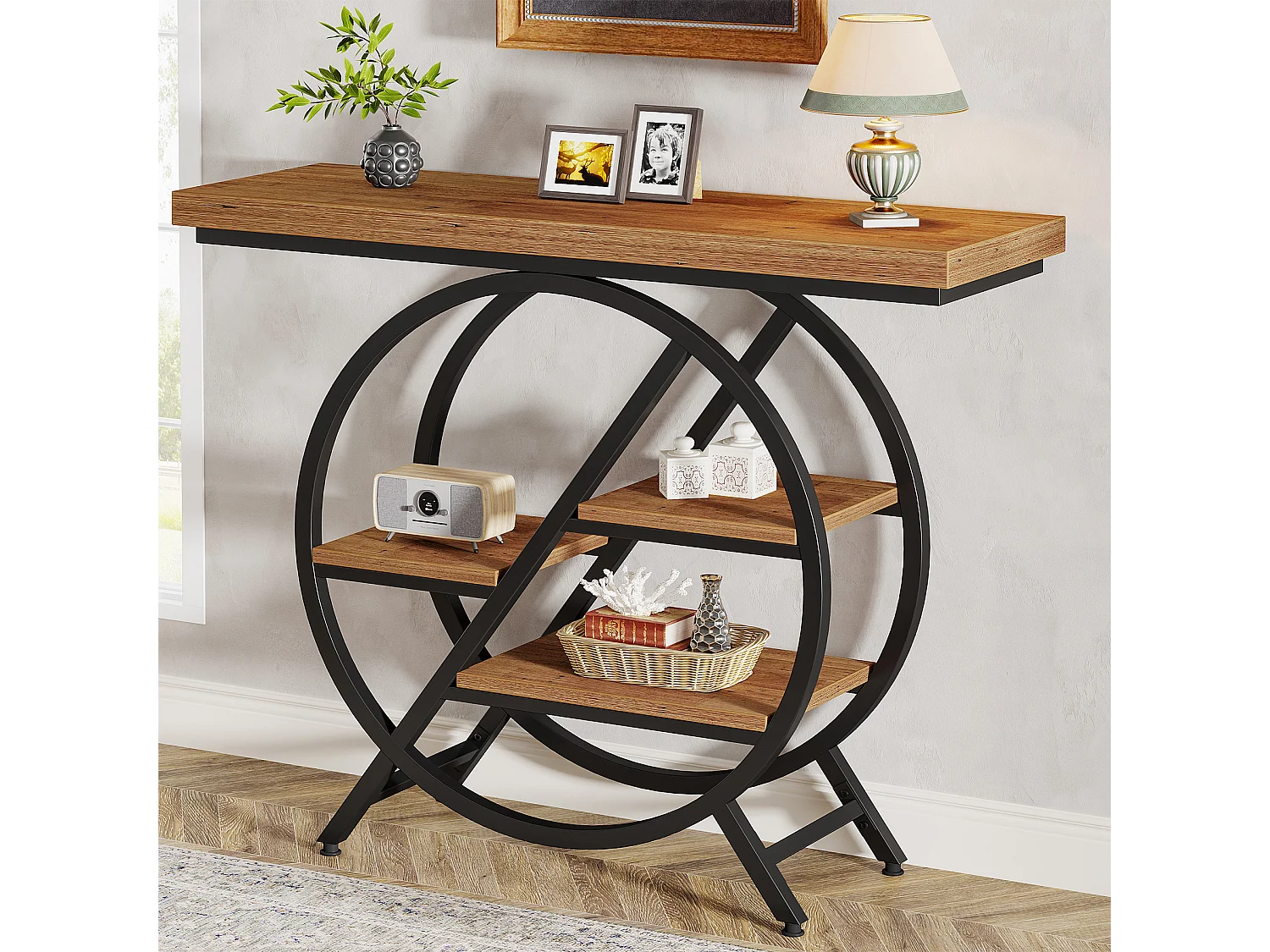 Mesa de consola de 100 cm con tablero grueso, mesa de sofá de pasillo industrial estrecha de 4 niveles con marco geométrico de metal, marrón claro