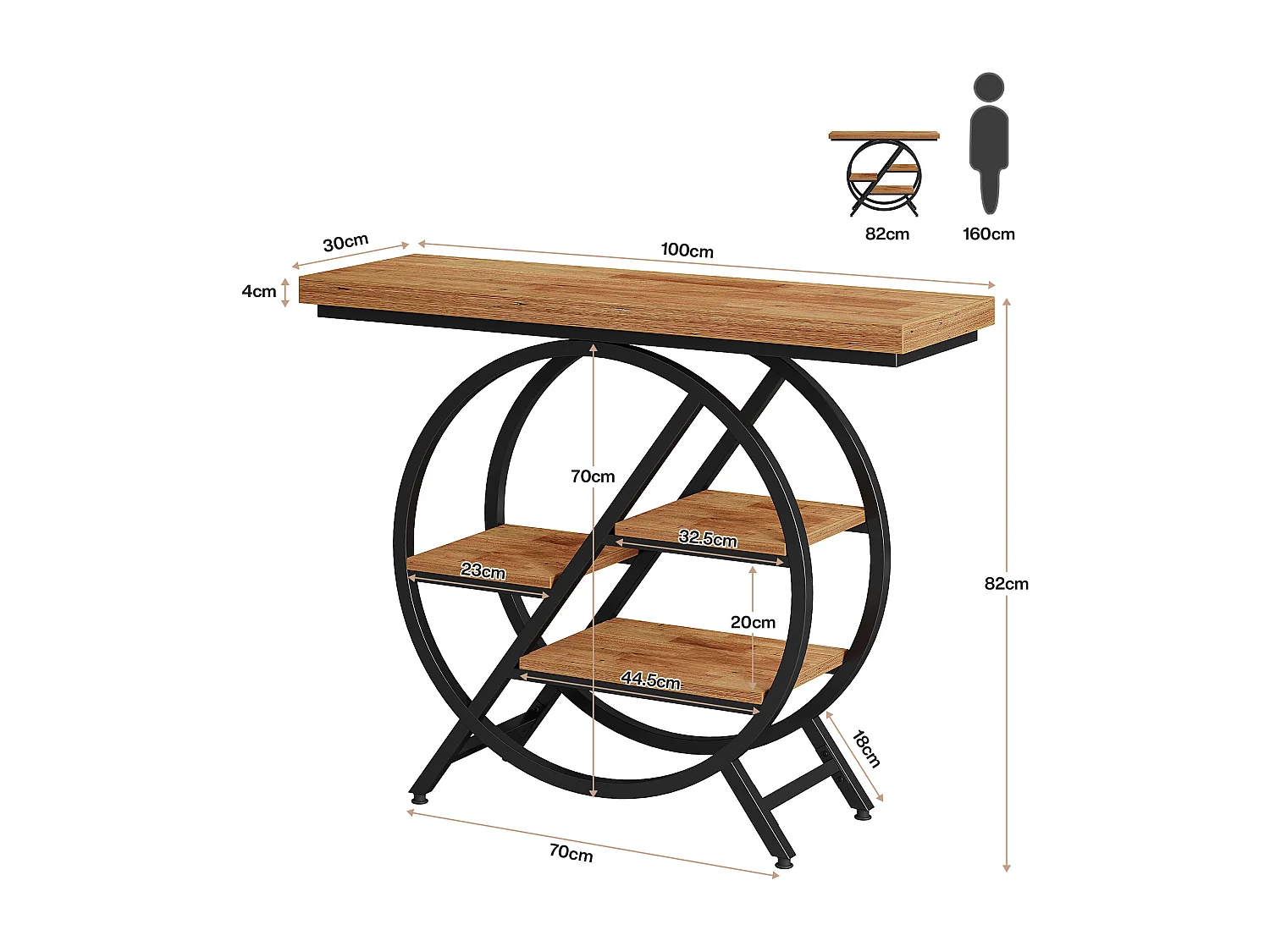 Mesa de consola de 100 cm con tablero grueso, mesa de sofá de pasillo industrial estrecha de 4 niveles con marco geométrico de metal, marrón claro