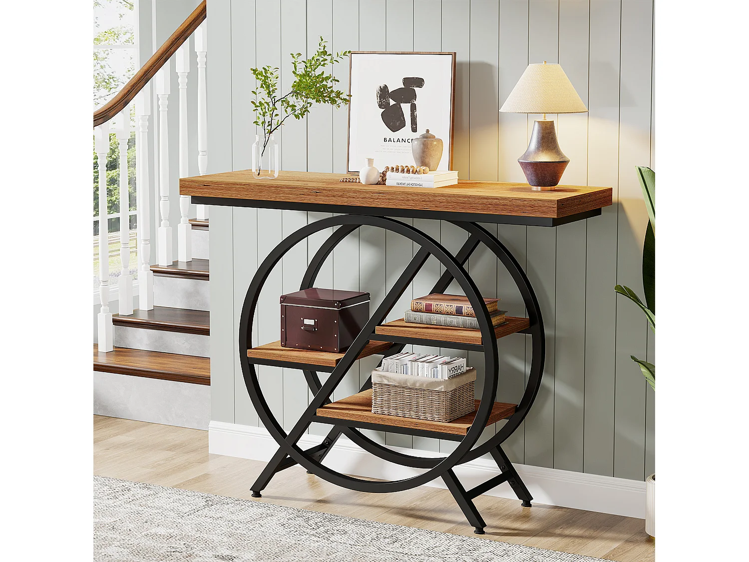 Mesa de consola de 100 cm con tablero grueso, mesa de sofá de pasillo industrial estrecha de 4 niveles con marco geométrico de metal, marrón claro