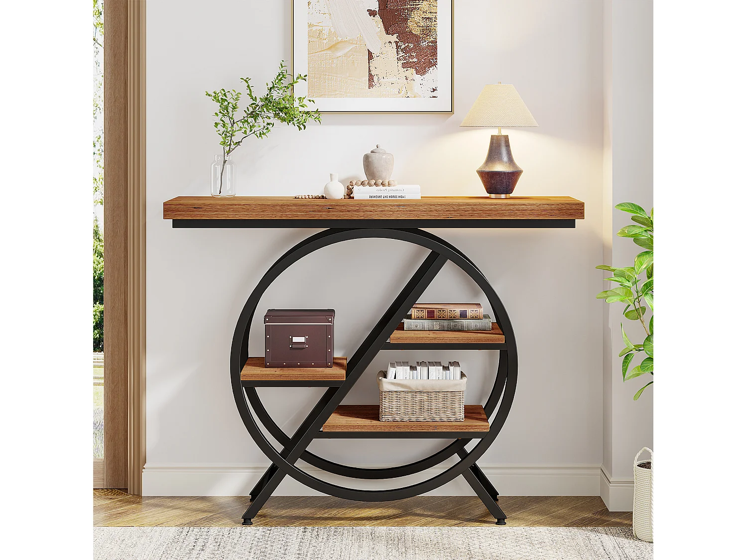 Mesa de consola de 100 cm con tablero grueso, mesa de sofá de pasillo industrial estrecha de 4 niveles con marco geométrico de metal, marrón claro