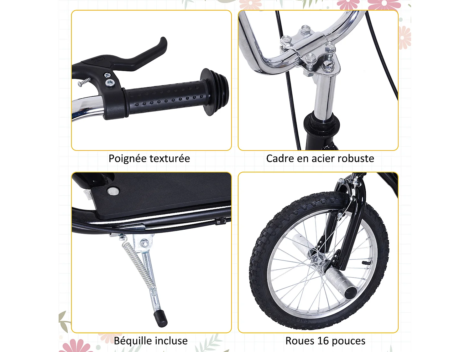 Trottinette patinette freestyle grandes roues pneumatiques Ø 41 cm hauteur guidon réglable béquille pegs inclus acier noir
