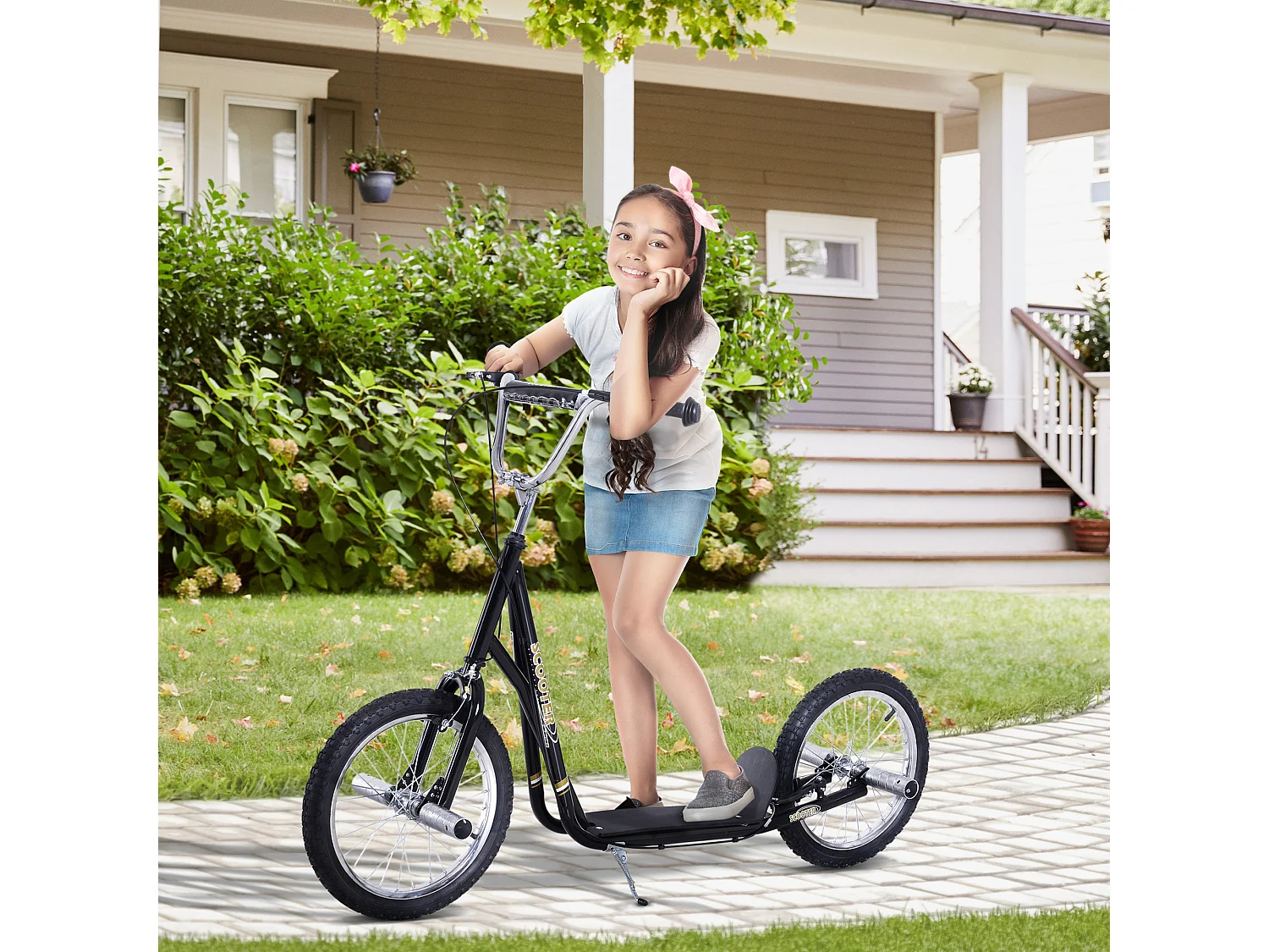 Trottinette patinette freestyle grandes roues pneumatiques Ø 41 cm hauteur guidon réglable béquille pegs inclus acier noir