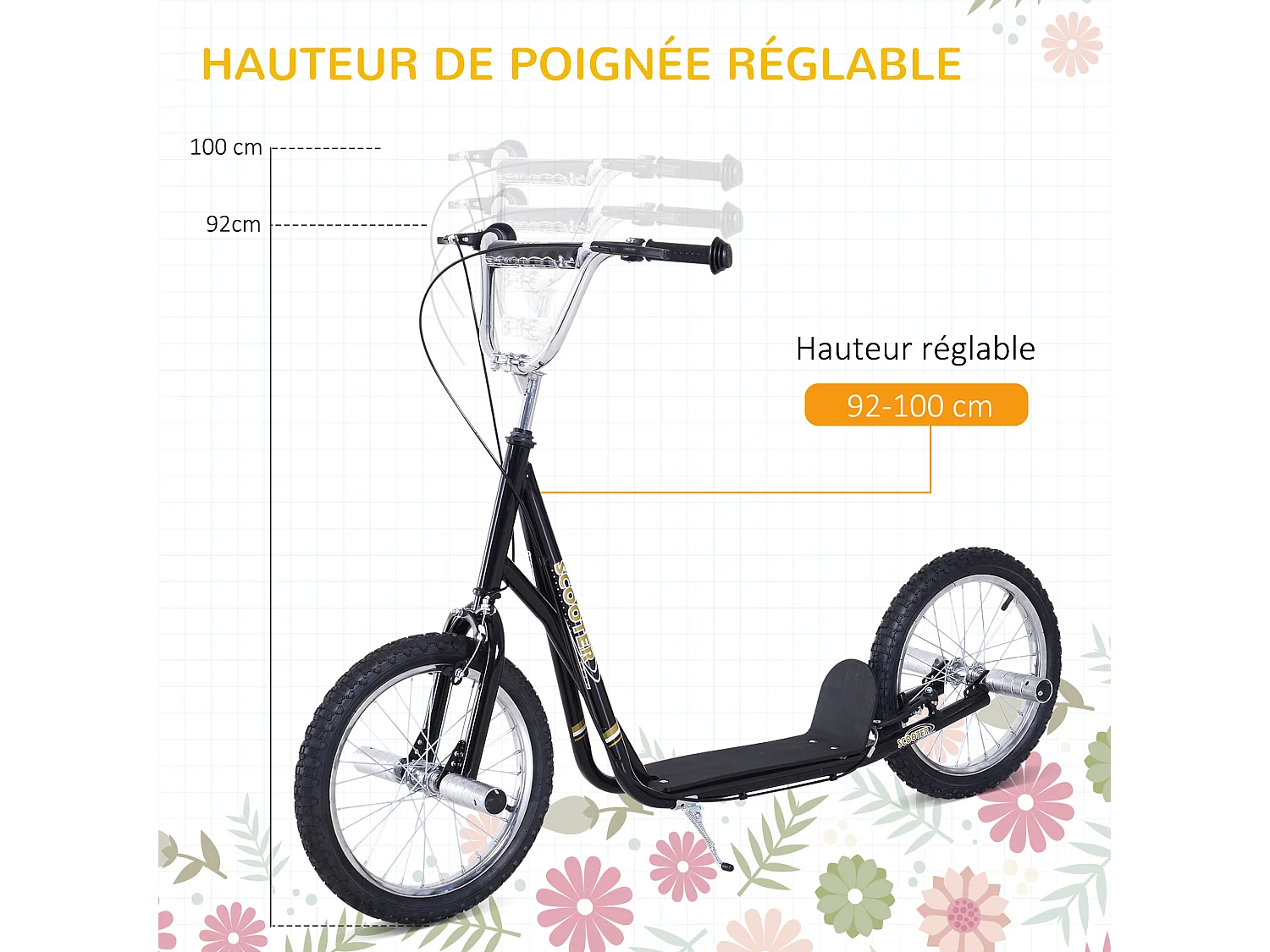 Trottinette patinette freestyle grandes roues pneumatiques Ø 41 cm hauteur guidon réglable béquille pegs inclus acier noir