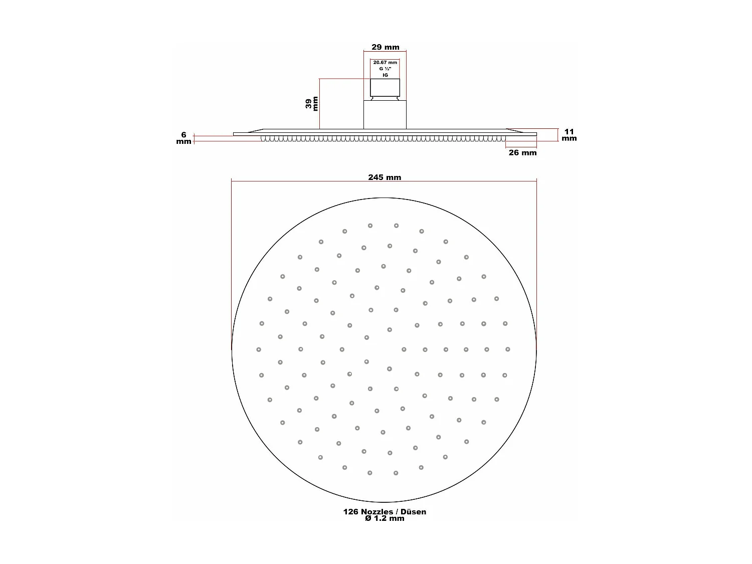 Soffione doccia tondo soffione a pioggia 25 cm acciaio inox 16_0000629