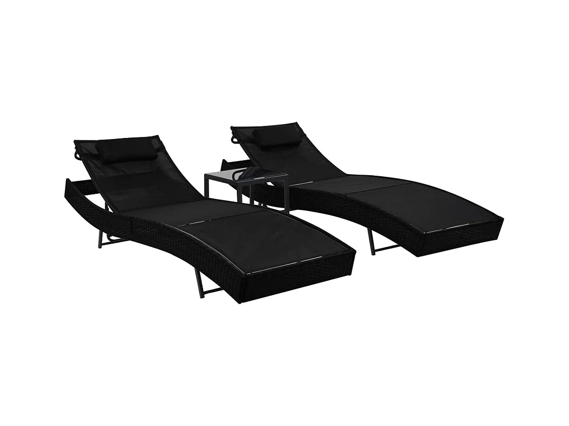 Juego de 2 tumbonas tumbona para tomar el sol cama de jardín terraza muebles de exterior y mesa tejida en resina y textilene negro 02_0012145