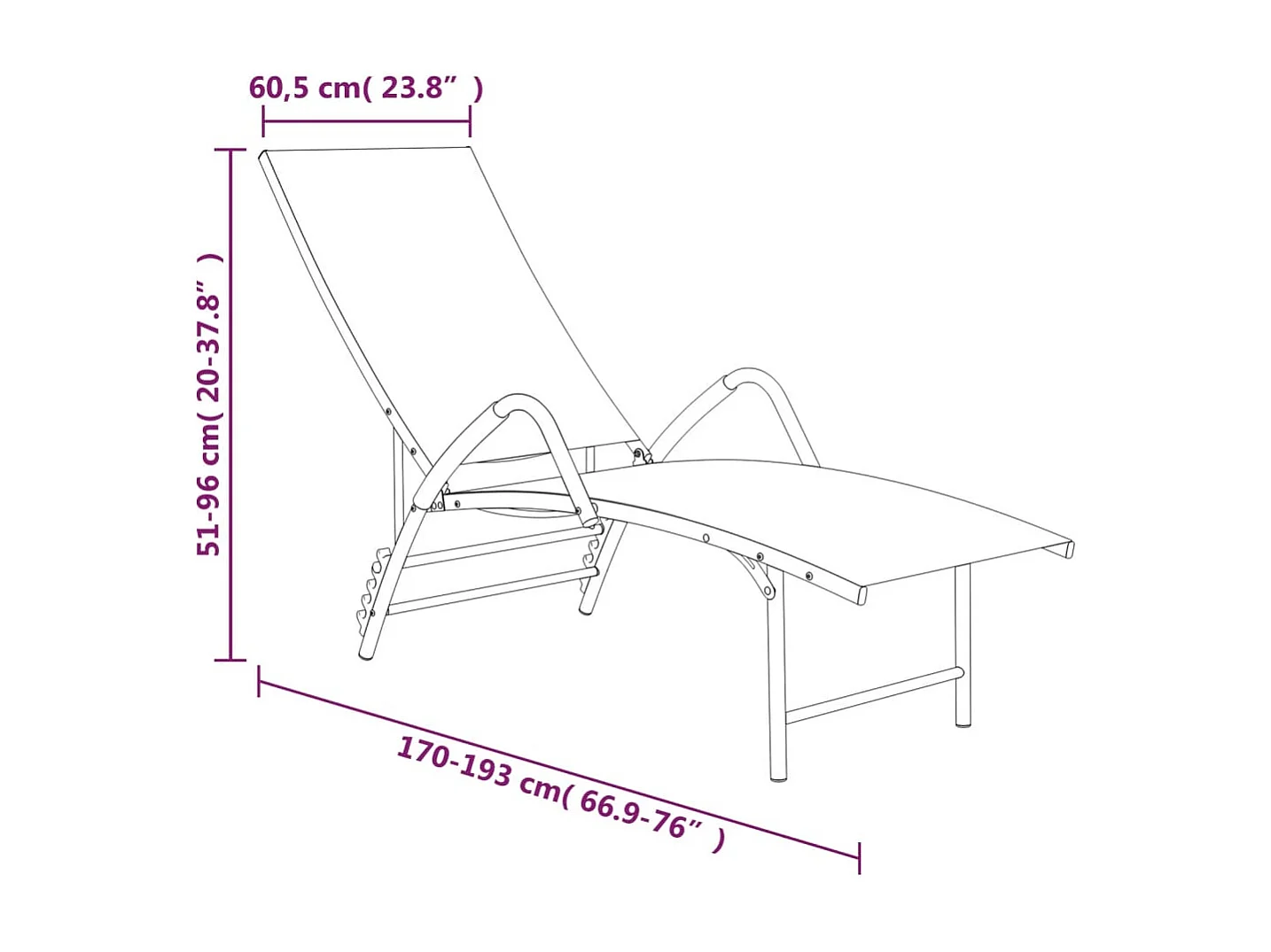 Transat chaise longue bain aluminium noire 170 x 60.5 x 96 cm 02_0012933