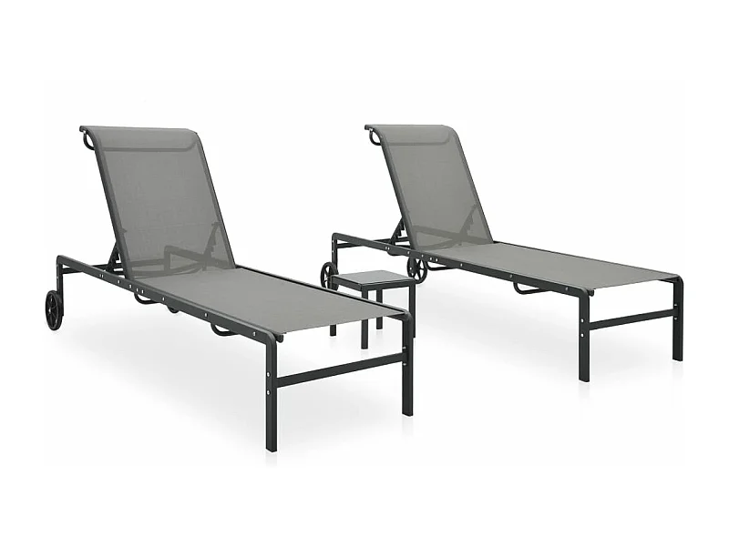 Conjunto de 2 espreguiçadeiras espreguiçadeira para banhos de sol jardim cama terraço mobiliário de exterior com textilene e mesa de aço 02_0012136