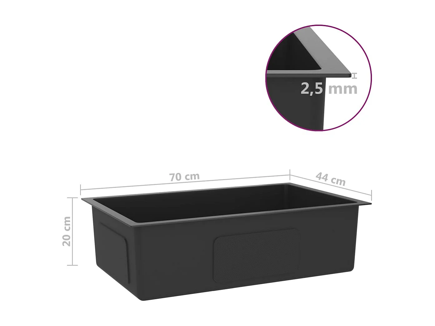 Fregadero de cocina hecho a mano, lavabo para interior de casa, baño, 70 x 40 cm, acero inoxidable negro 02_0002468