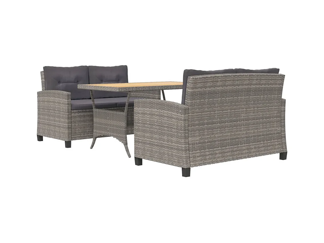 Set da pranzo per mobili da giardino, mobili da esterno in 3 pezzi e cuscini in resina intrecciata grigia 02_0014270