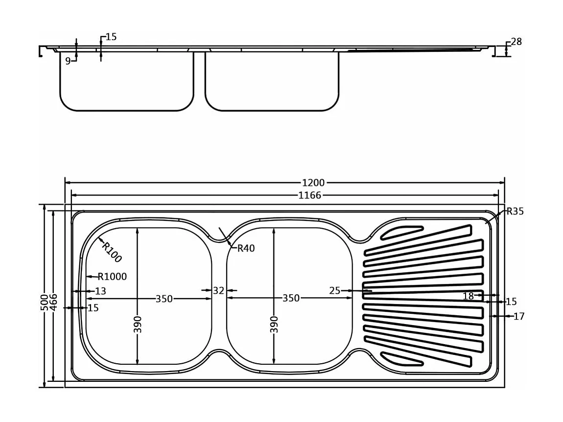 Pia de cozinha com pia dupla, pia de cozinha sob a montagem, interior da casa, prata 120 x 50 cm, aço inoxidável 02_0002433