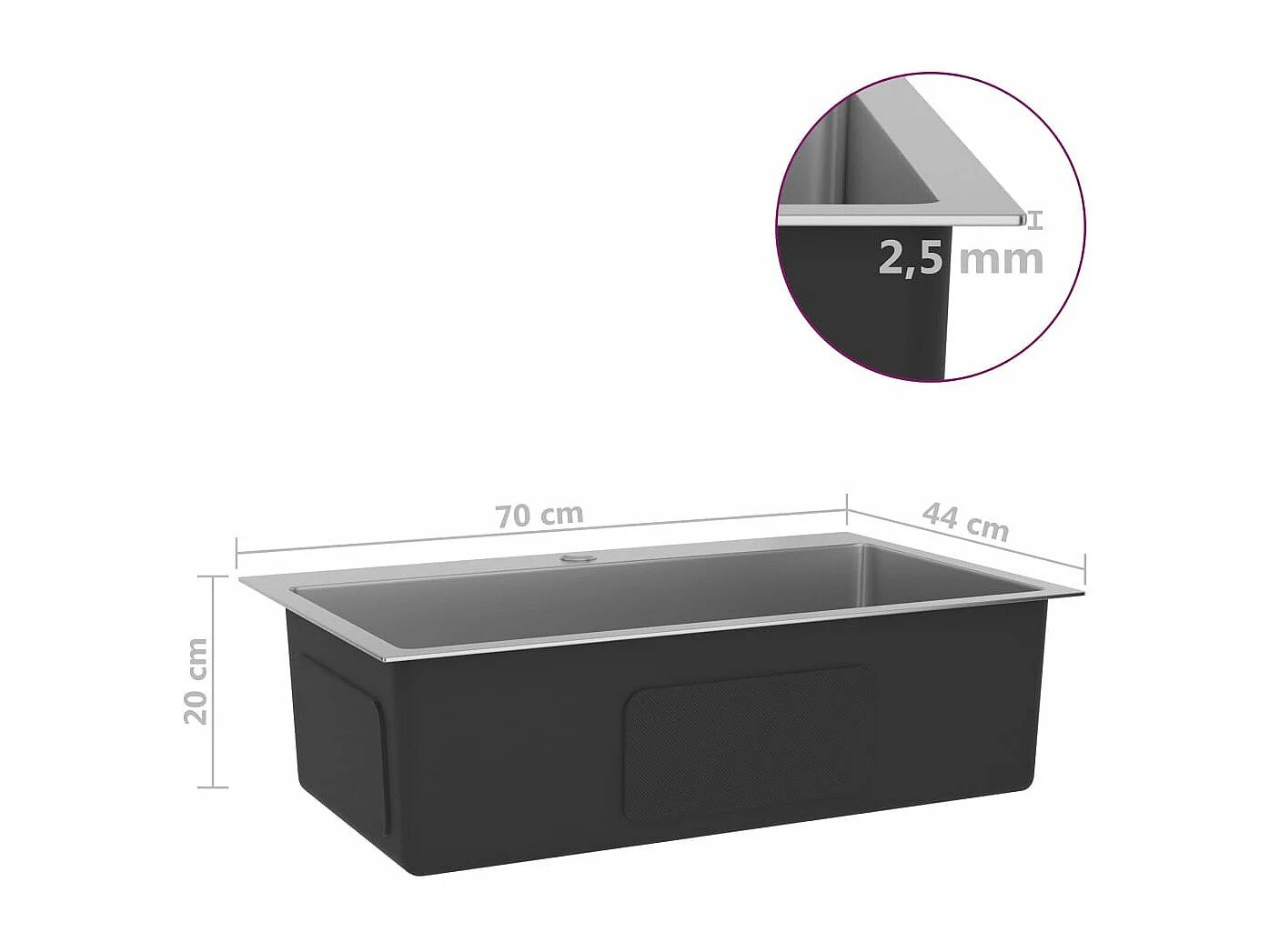 Lavello da cucina fatto a mano lavello da bagno per interni installazione cucina 70 x 44 cm acciaio inox argento 02_0002465