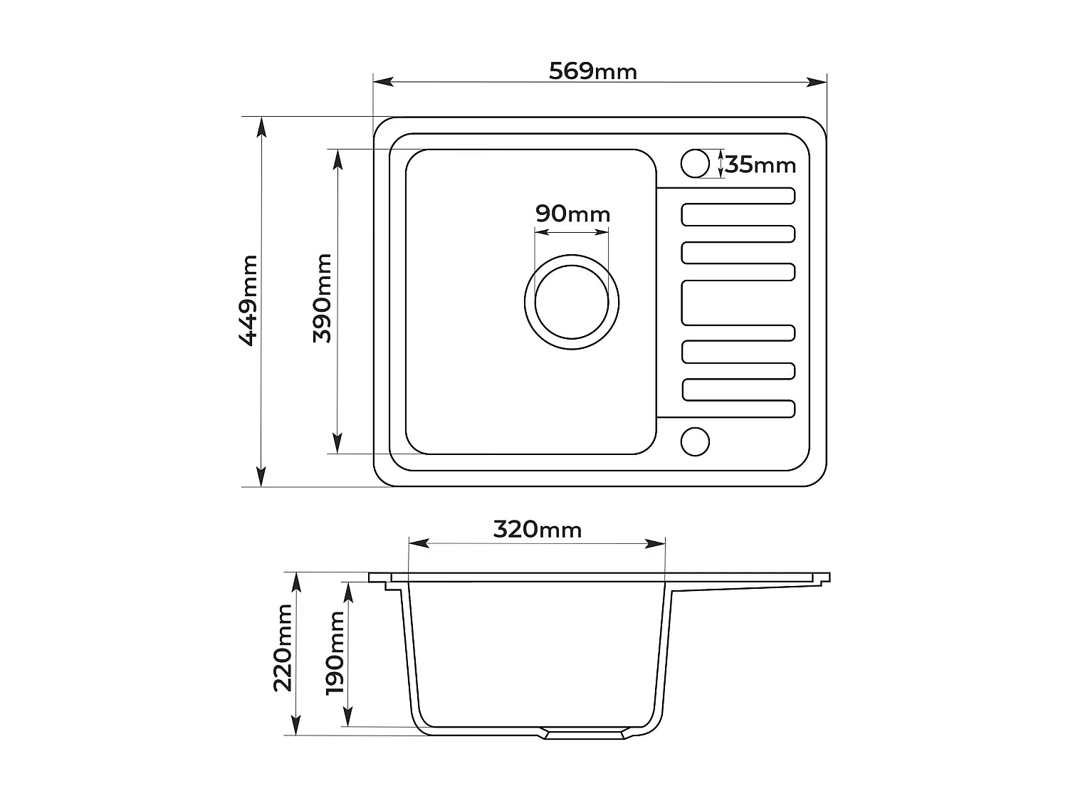 Fregadero de granito con 1 seno y escurridor 57 x 45 cm para fregadero de cocina empotrado o bajo encimera equipamiento de cocina marrón 01_0000191
