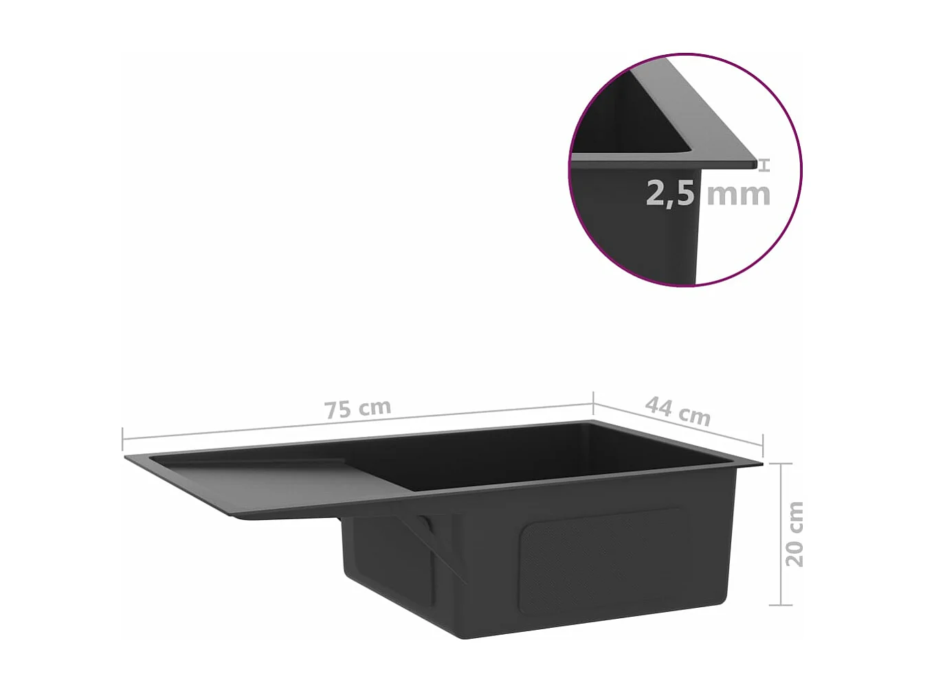 Pia de cozinha artesanal lavatório interior instalação de cozinha 75 x 44 cm aço inoxidável preto 02_0002470