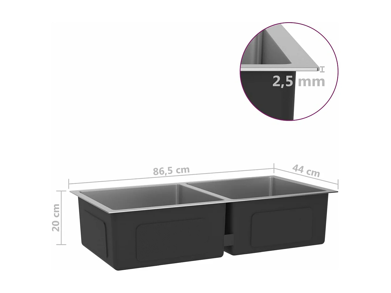 Fregadero de cocina hecho a mano lavabo instalación de cocina interior del hogar 86,5 x 44 cm acero inoxidable plata 02_0002471