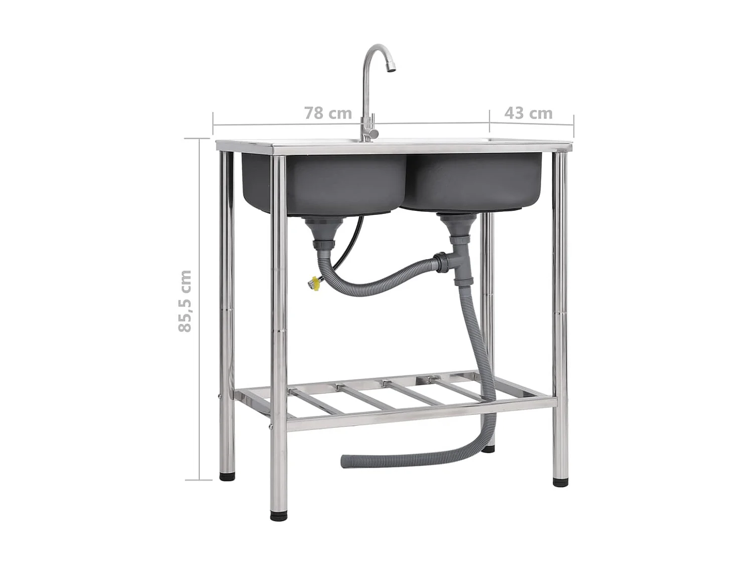 Pia de acampamento pia dupla com torneira pia de cozinha pia de garagem pia externa antiincrustante 78 x 43 cm aço inoxidável 02_0002437