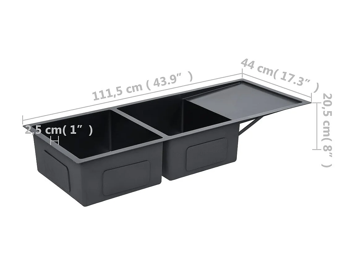 Fregadero de cocina hecho a mano con colador 111,5 x 44 cm de acero inoxidable con acabado cepillado negro 02_0002372