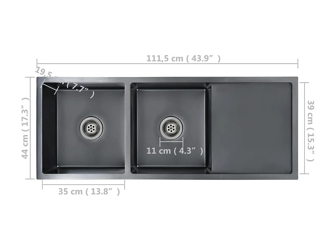 Fregadero de cocina hecho a mano con colador 111,5 x 44 cm de acero inoxidable con acabado cepillado negro 02_0002372