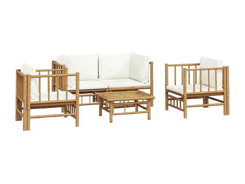 Móveis de jardim móveis de exterior Conjunto de móveis de 5 peças com almofadas de bambu branco creme 02_0016308