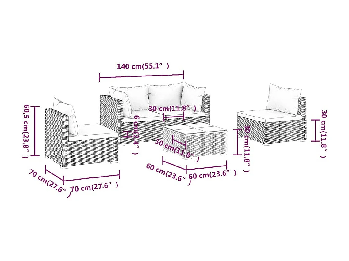 Móveis de jardim móveis de exterior Conjunto de móveis de 5 peças com almofadas de resina tecida cinza 02_0016445