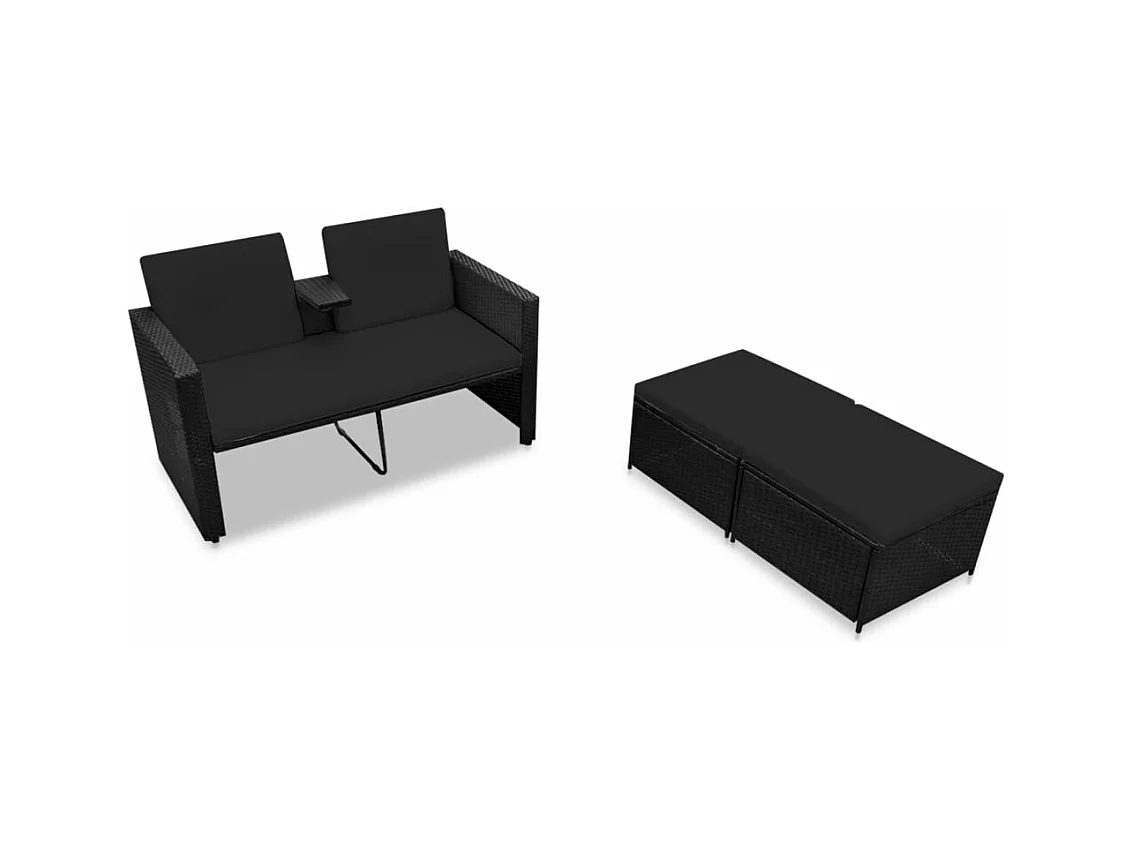 Móveis de jardim móveis de exterior Conjunto de móveis de 3 peças com almofadas de resina tecida preta 02_0016010